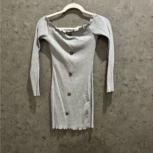 Gray Ribbed Off-Shoulder Dress with Button Accents